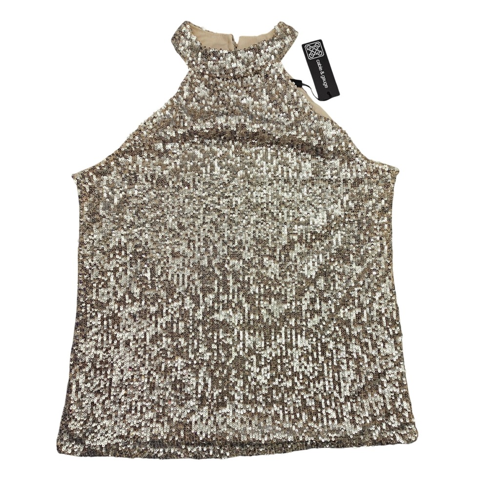 Cable & Gauge Sequin Halter Top Womens Small Gold Y2K Boho Party Sparkle New